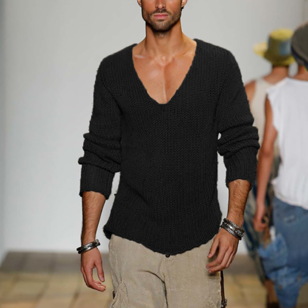 V-Ausschnitt-Pullover | Langarm | Sommer | Strickpullover | Herrenbekleidung-Schwarz-S-Chaps Herrenmode