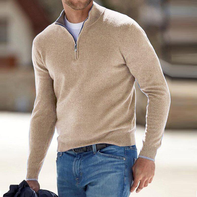 Viertel-Reißverschluss-Pullover | Langarm-Pullover | Pullover | Strickpullover | Herren-Halb-Reißverschluss-Pullover-Beige-S-Chaps Herrenmode