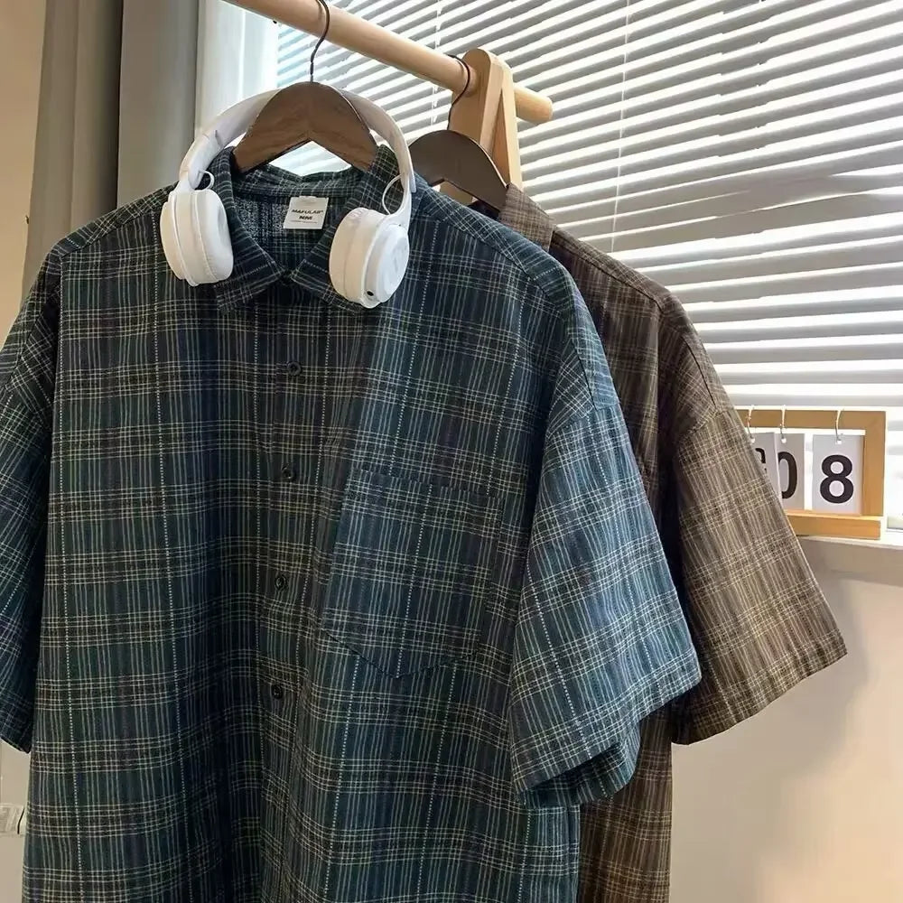Vintage Hemd - Herren Kurzarmhemd mit lockerer Passform, kariert und mit Knopfleiste-Blau-M-Chaps Herrenmode