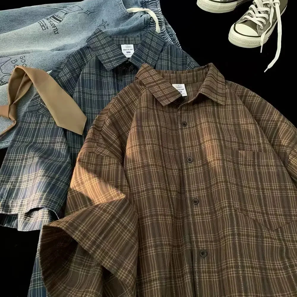 Vintage Hemd - Herren Kurzarmhemd mit lockerer Passform, kariert und mit Knopfleiste-Braun-M-Chaps Herrenmode
