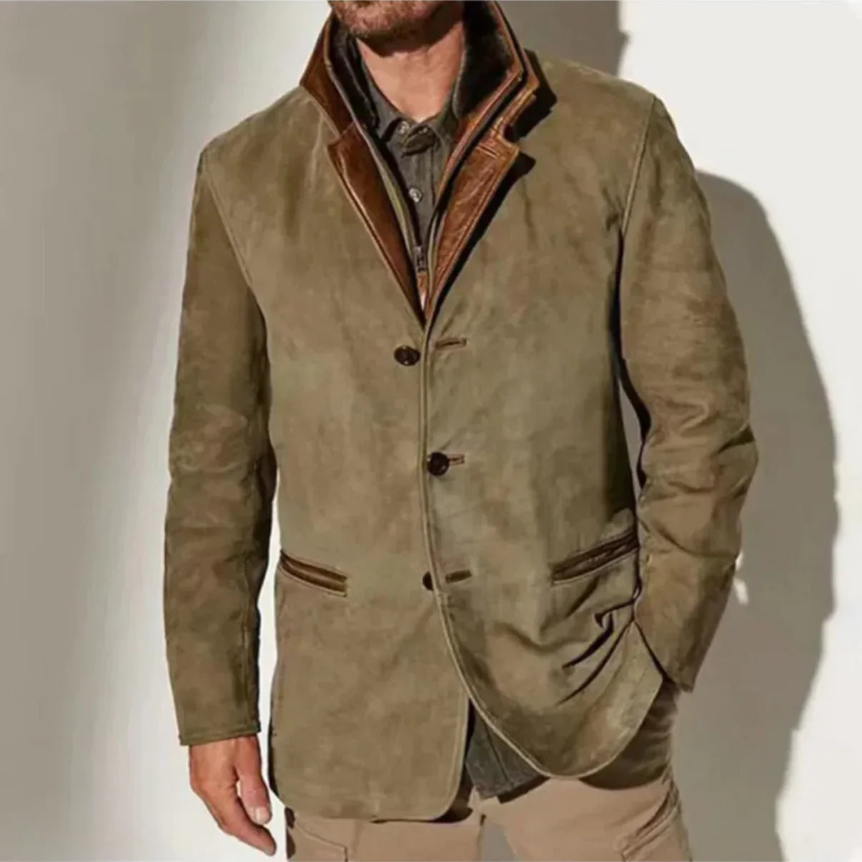 Vintage-Jacke | Mit Knöpfen | Mit Reißverschluss | Wildlederjacke | Herrenjacke-Khaki-S-Chaps Herrenmode