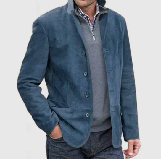 Wildlederjacke | Einreihig | Kunstwildleder | Vintage-Jacke | Herrenjacken-Blau-XS-Chaps Herrenmode