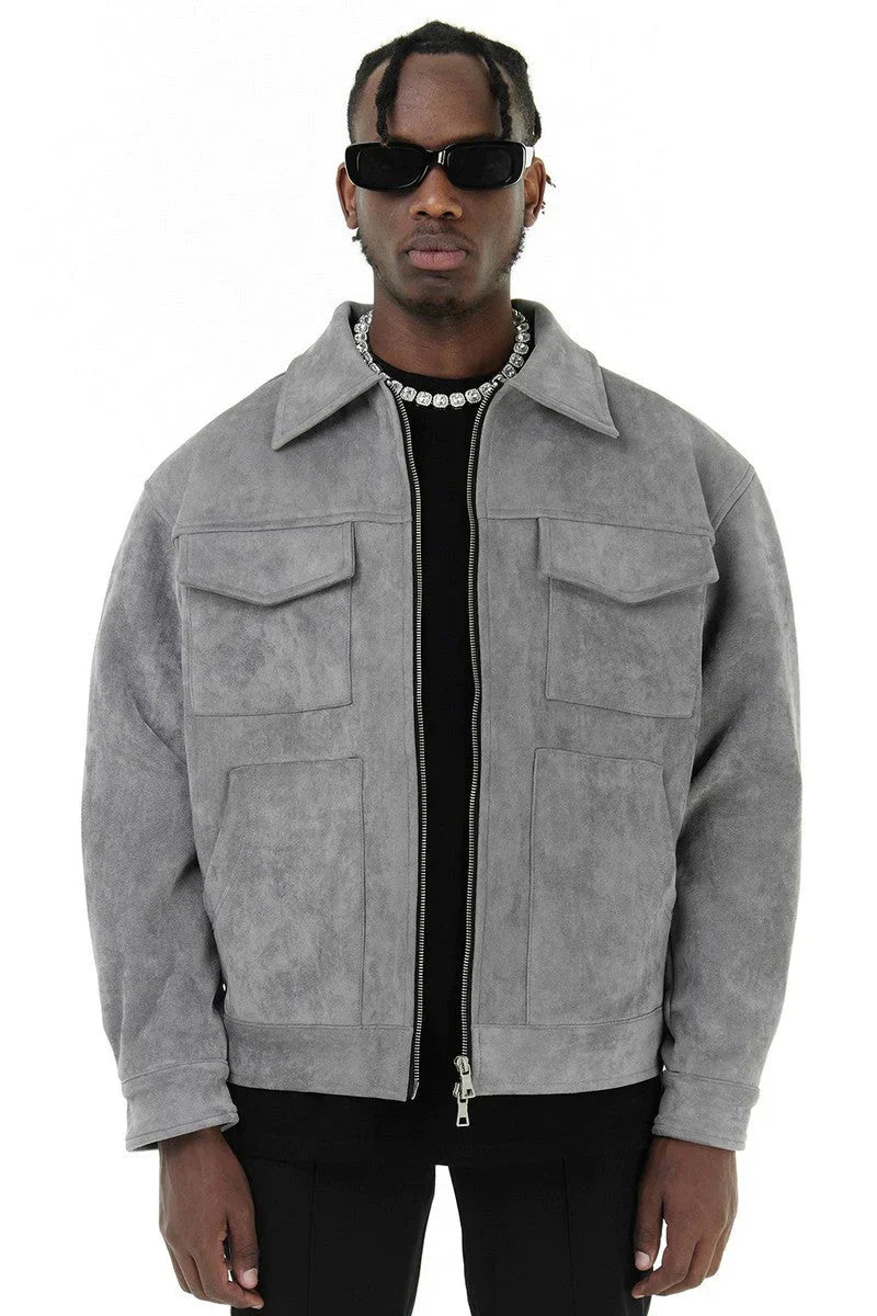 Wildlederjacke – Herren-Lederjacke mit Reißverschluss und Taschen-Grau-S-Chaps Herrenmode