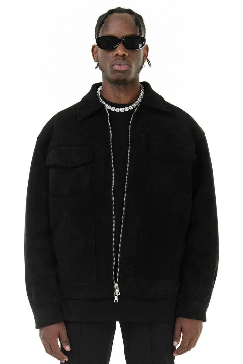 Wildlederjacke – Herren-Lederjacke mit Reißverschluss und Taschen-Schwarz-S-Chaps Herrenmode