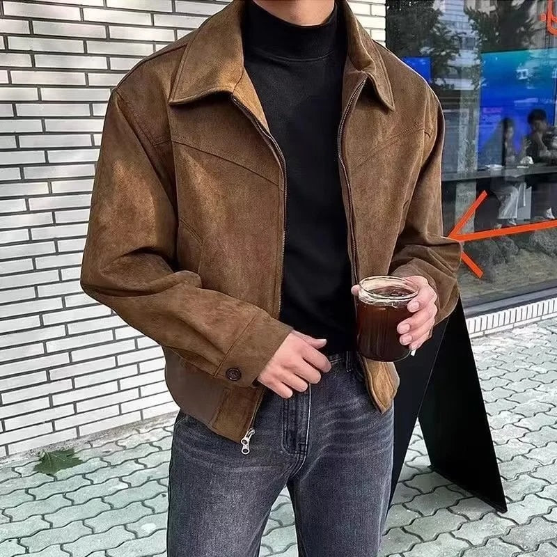 Wildlederjacke - Retro - Zip-Up - Vintage Jacke - Herrenjacke-Braun-L-Chaps Herrenmode