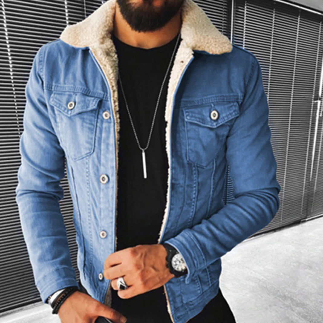Winter-Jeansjacke | Jeansjacke | Reguläre Passform | Jeansjacke mit Fell | Herrenjacke-Blau-S-Chaps Herrenmode