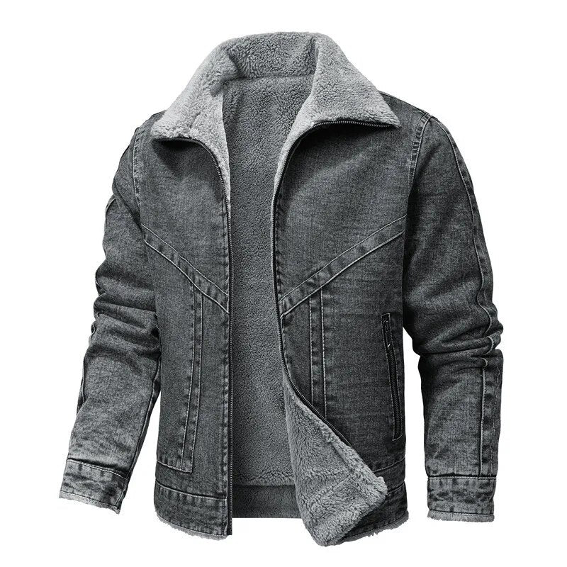 Winter-Jeansjacke – Warm – mit Reißverschluss – mit Fleece gefüttert – Herrenjacke-Grau-S-Chaps Herrenmode