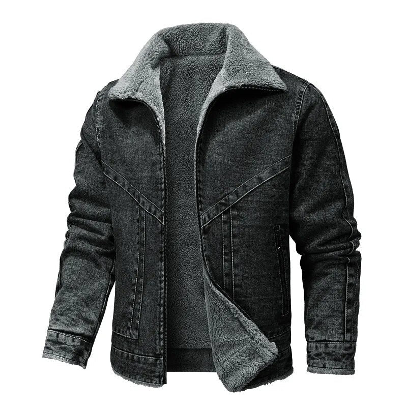 Winter-Jeansjacke – Warm – mit Reißverschluss – mit Fleece gefüttert – Herrenjacke-Schwarz-S-Chaps Herrenmode