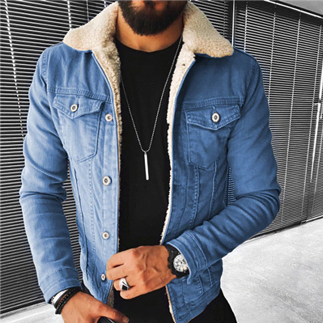 Winter-Jeansjacke aus Denim – schmal geschnittene Jeansjacke für Herren mit Fleecefutter-Blau-S-Chaps Herrenmode