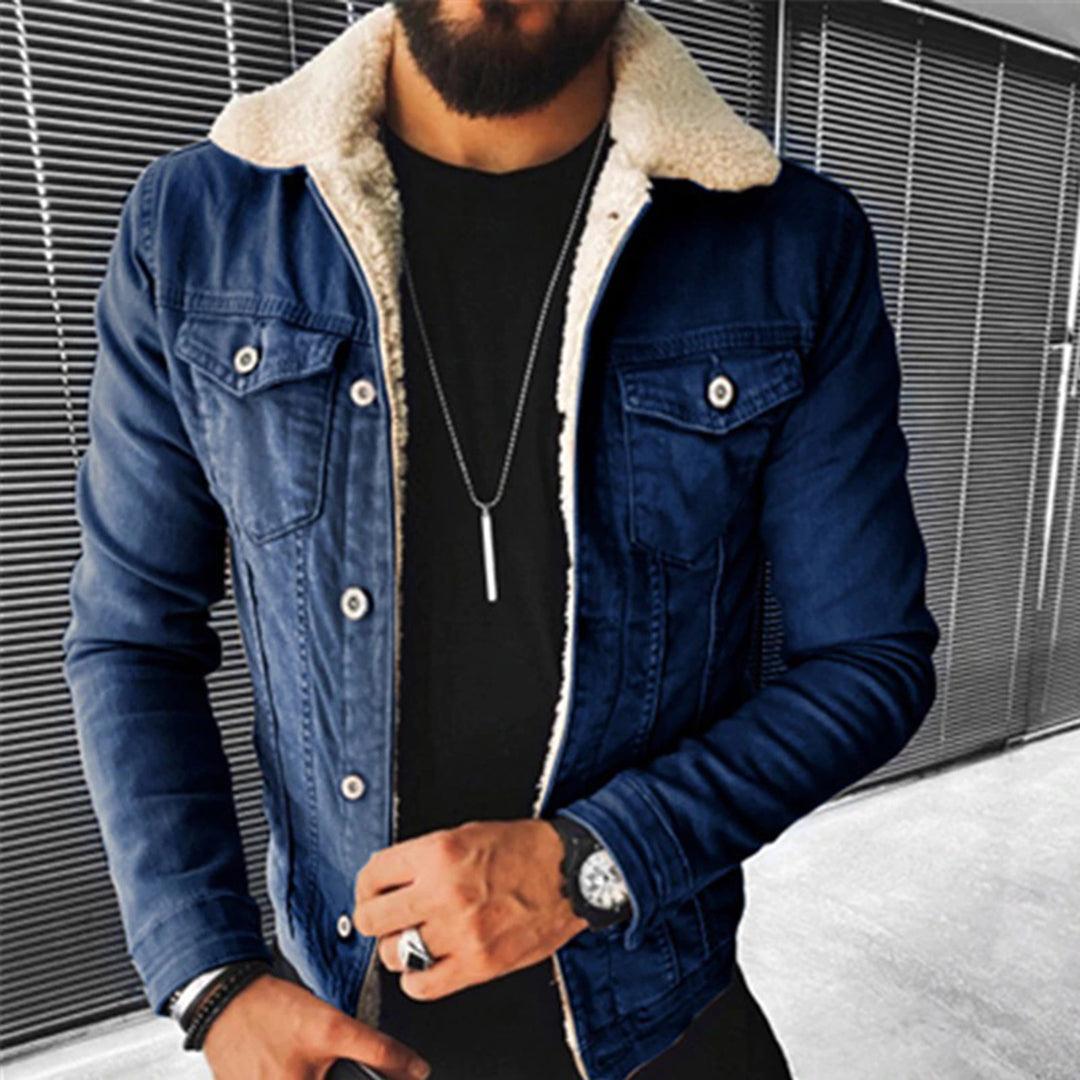 Winter-Jeansjacke aus Denim – schmal geschnittene Jeansjacke für Herren mit Fleecefutter-Dunkelblau-S-Chaps Herrenmode