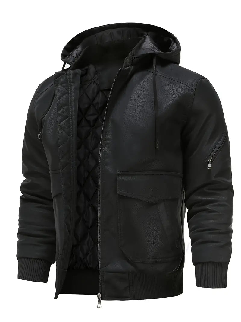 Winter-Lederjacke | Kunstleder | Kapuzenjacke | Steppfutterjacke | Herrenjacken-Schwarz-XS-Chaps Herrenmode