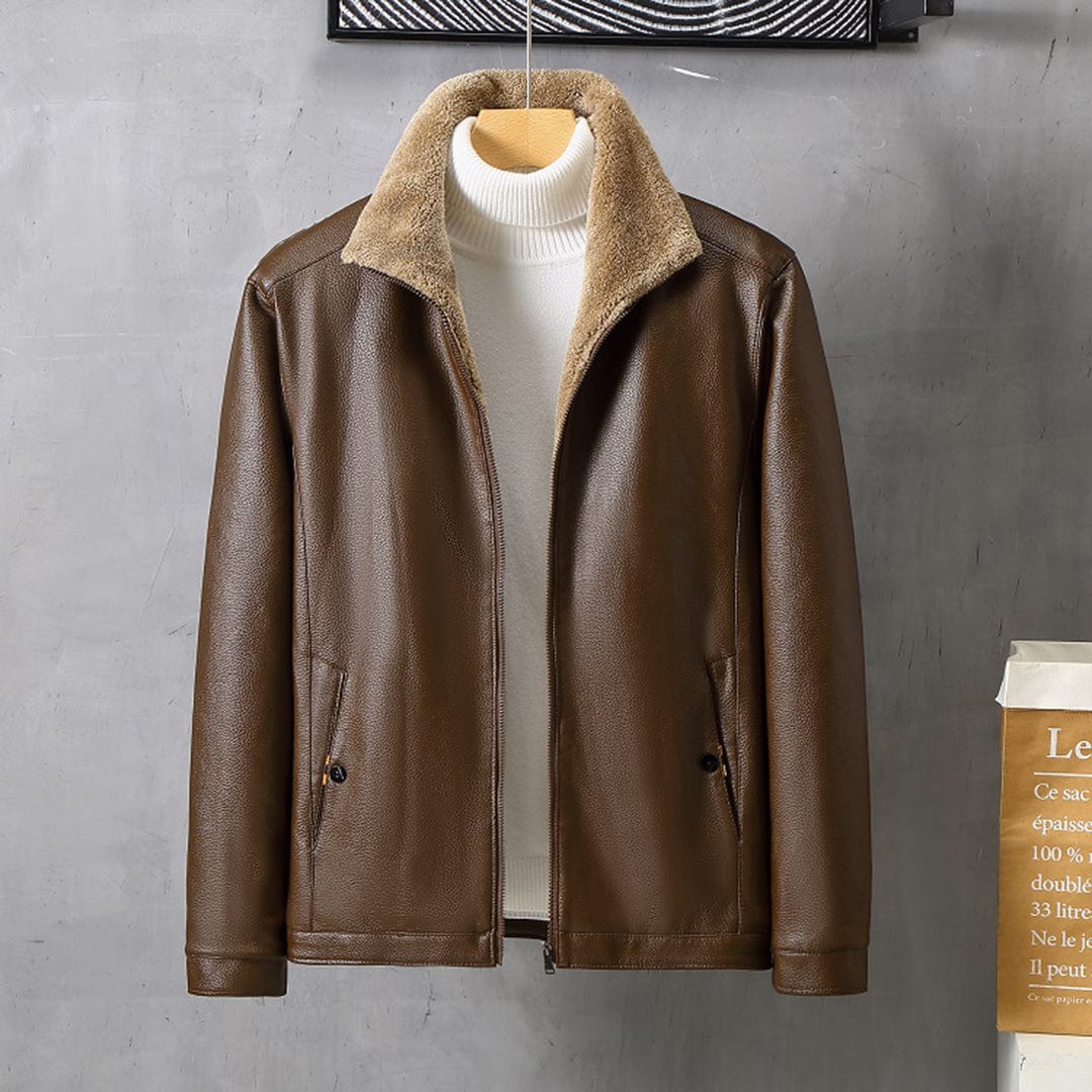 Winter-Lederjacke – Kunstleder – Reißverschluss – Fleece-gefüttert-Braun-S-Chaps Herrenmode