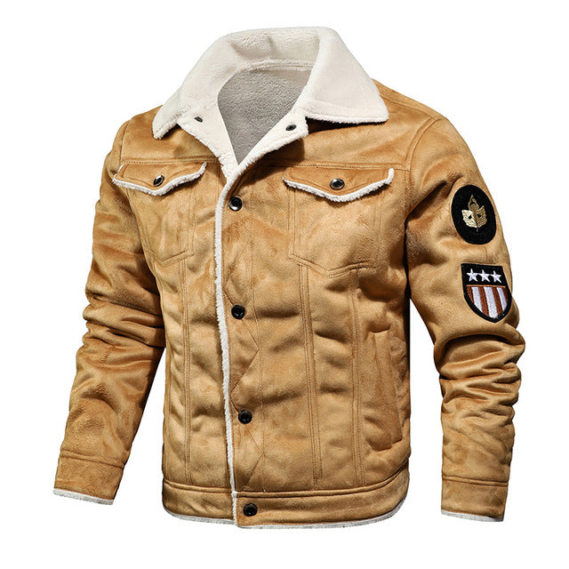Winter-Lederjacke | Warm | Mit Knöpfen zu schließen | Mit Sherpa gefüttert | Winterjacke für Herren-Khaki-S-Chaps Herrenmode