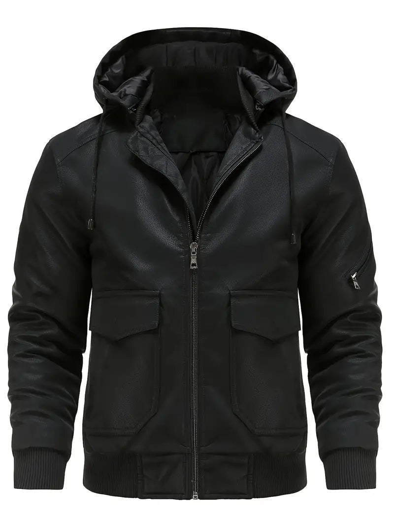 Winter-Lederjacke – winddichte PU-Lederjacke mit Kapuze und gestepptem Innenfutter für Herren-Chaps Herrenmode