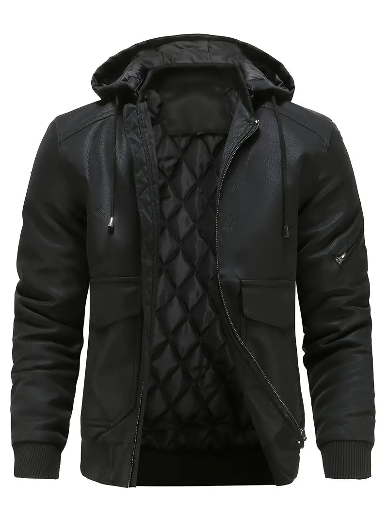 Winter-Lederjacke – winddichte PU-Lederjacke mit Kapuze und gestepptem Innenfutter für Herren-Schwarz-XS-Chaps Herrenmode