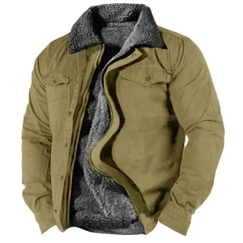 Winterjacke - Herren Casual Zip-Up Fleece gefütterter Wintermantel-Khaki-S-Chaps Herrenmode