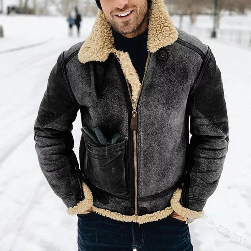 Winterjacke | Herren Zip-Up Fleece gefütterte Lederjacke-Dunkelgrau-M-Chaps Herrenmode