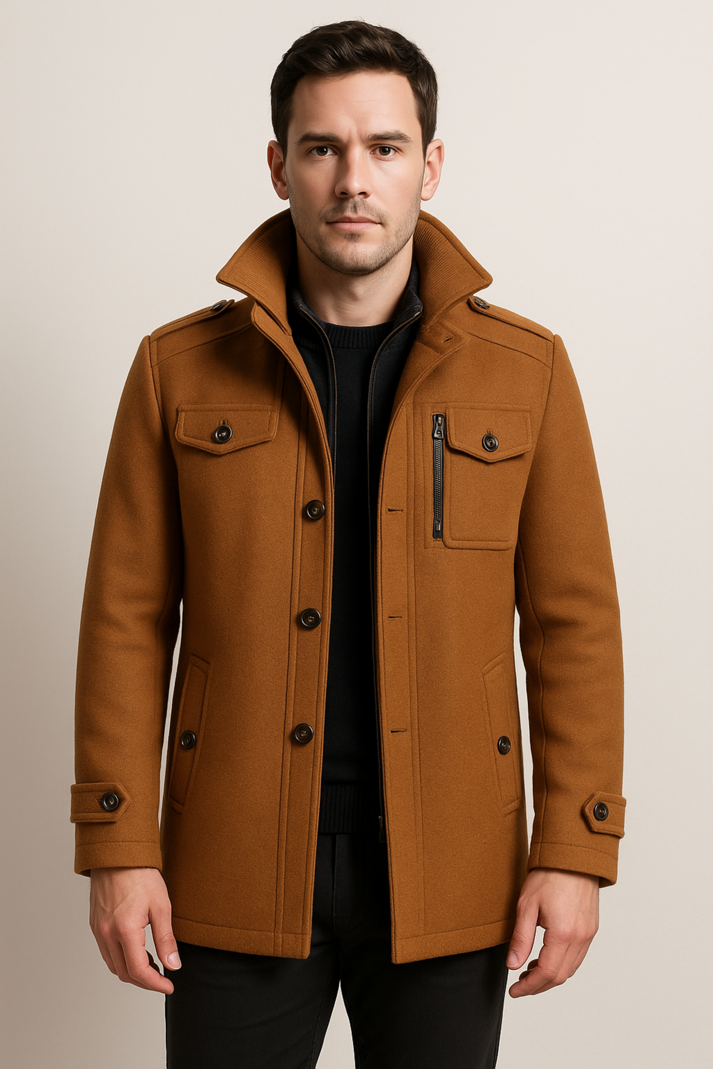 Winterjacke – Herrenjacke aus Wolle mit Reißverschluss und einreihiger Knopfleiste-Chaps Herrenmode