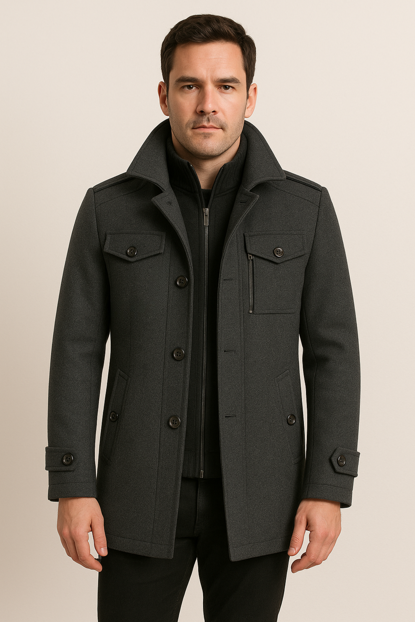 Winterjacke – Herrenjacke aus Wolle mit Reißverschluss und einreihiger Knopfleiste-Chaps Herrenmode