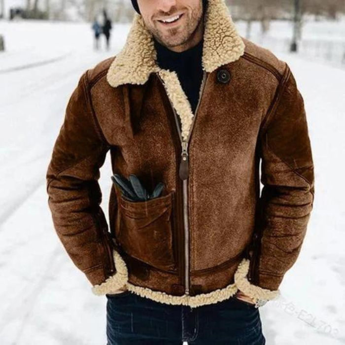 Winterjacke – Warme Herren-Lederjacke mit Reißverschluss und Sherpa-Futter-Camel-M-Chaps Herrenmode