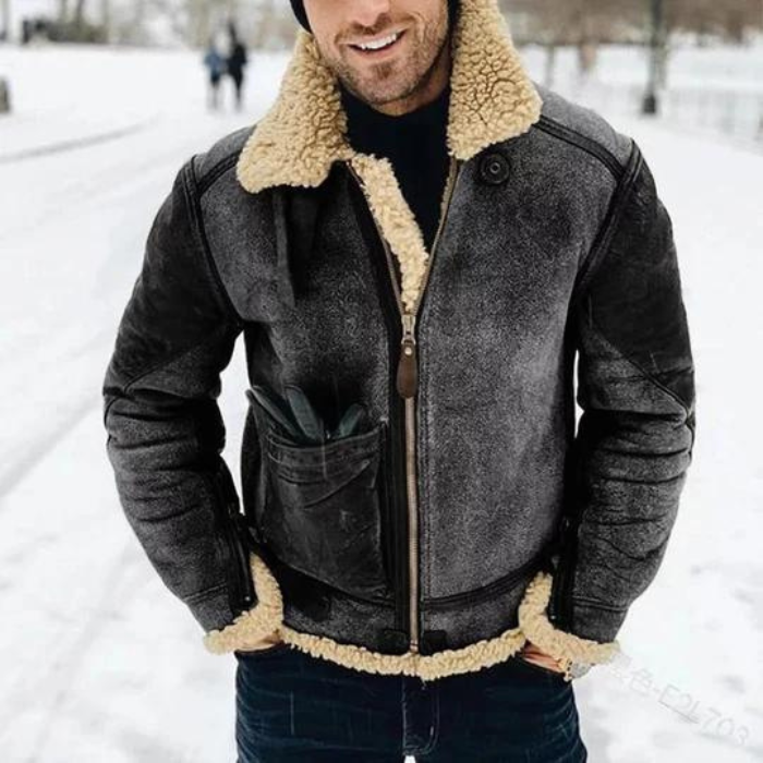 Winterjacke – Warme Herren-Lederjacke mit Reißverschluss und Sherpa-Futter-Dunkelgrau-M-Chaps Herrenmode
