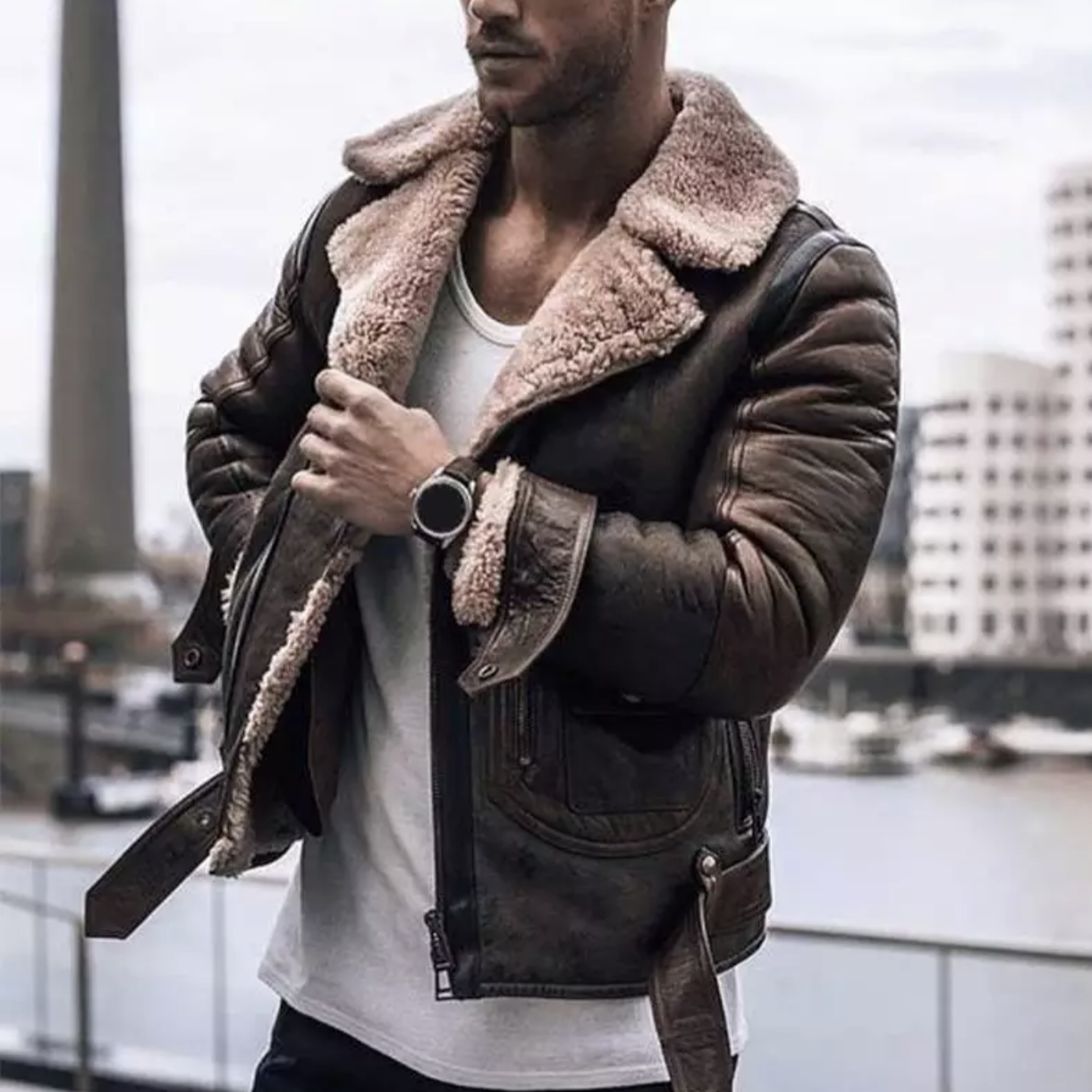 Winterlederjacke – mit Fleecefutter – mit Sherpafutter – Bikerjacke – Herrenlederjacke-Dunkelbraun-S-Chaps Herrenmode