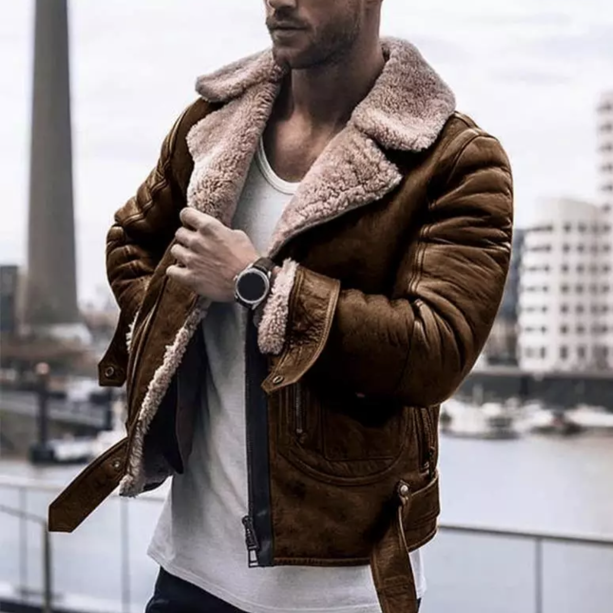 Winterlederjacke – mit Fleecefutter – mit Sherpafutter – Bikerjacke – Herrenlederjacke-Hellbraun-S-Chaps Herrenmode