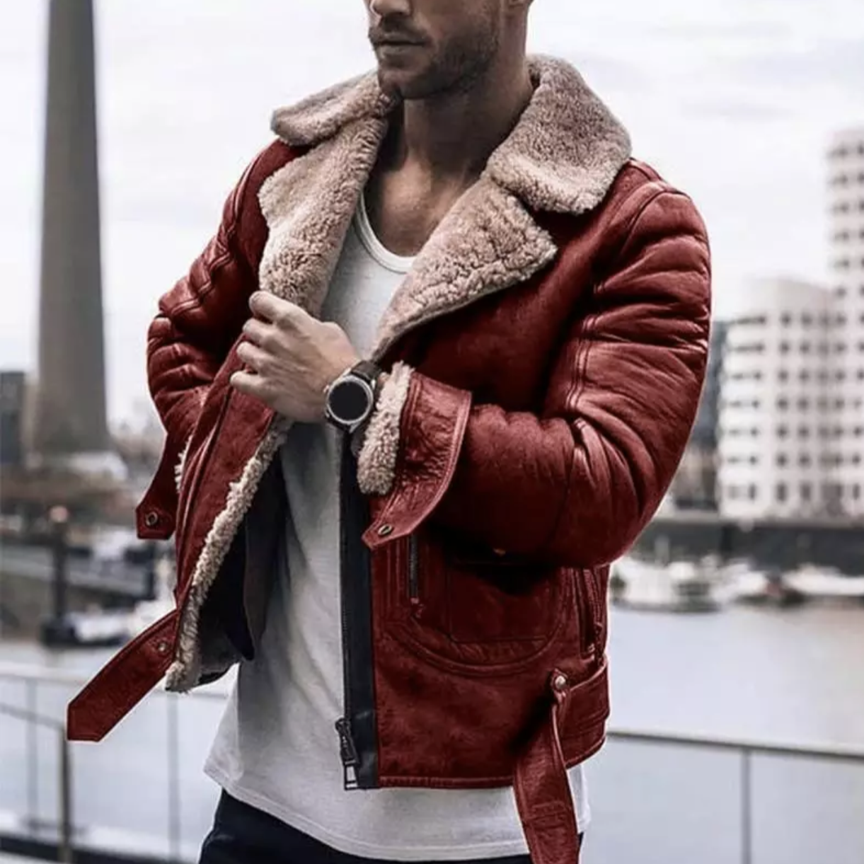 Winterlederjacke – mit Fleecefutter – mit Sherpafutter – Bikerjacke – Herrenlederjacke-Rot-S-Chaps Herrenmode