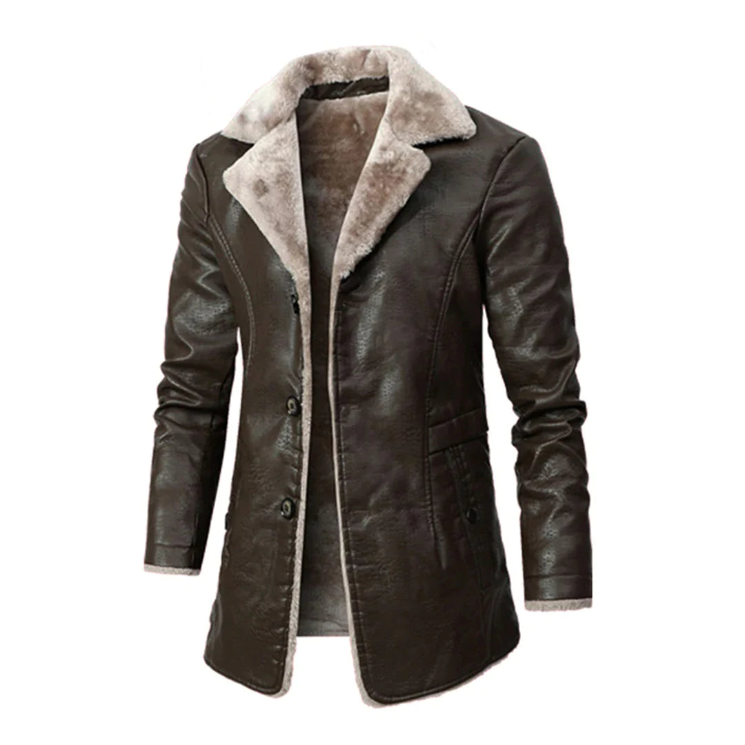 Wintermantel – mit Fell gefüttert – zum Knöpfen – lange Lederjacke – Wintermäntel und -jacken für Herren-Braun-S-Chaps Herrenmode