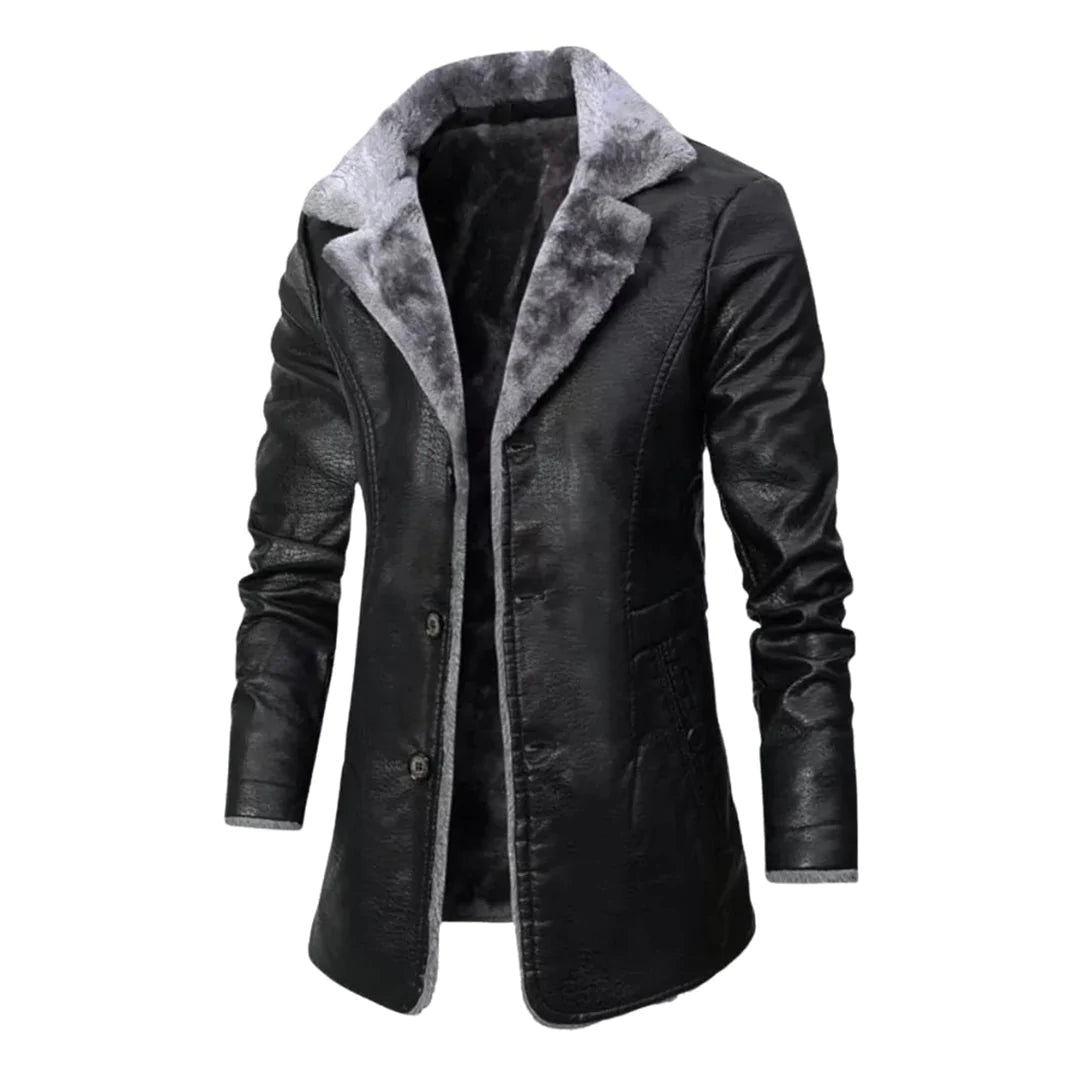 Wintermantel – mit Fell gefüttert – zum Knöpfen – lange Lederjacke – Wintermäntel und -jacken für Herren-Schwarz-S-Chaps Herrenmode