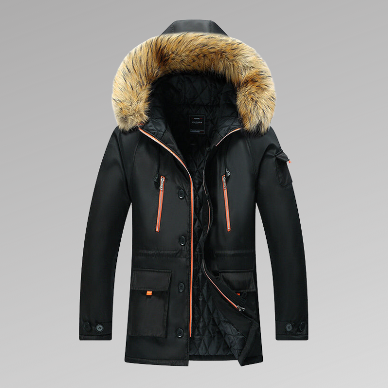 Winterparka – warme Herren-Steppjacke mit Fellkapuze und Steppfutter-Schwarz-S-Chaps Herrenmode