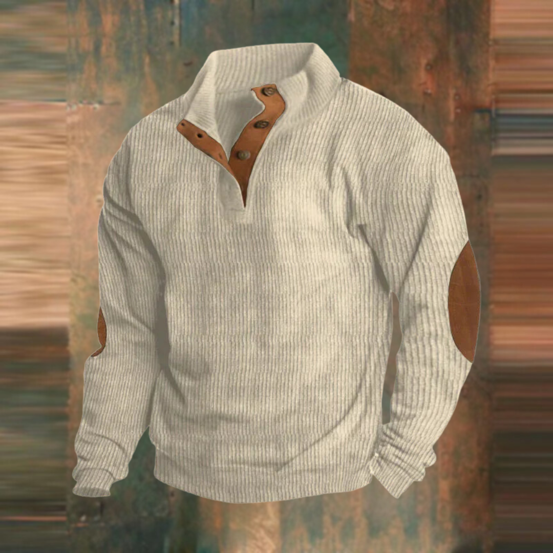 Winterpullover - Warmer Herren Pullover mit Knopfleiste und Ellbogenaufnähern-Beige-S-Chaps Herrenmode