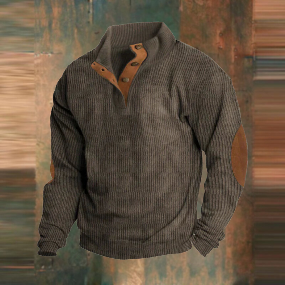 Winterpullover - Warmer Herren Pullover mit Knopfleiste und Ellbogenaufnähern-Braun-S-Chaps Herrenmode