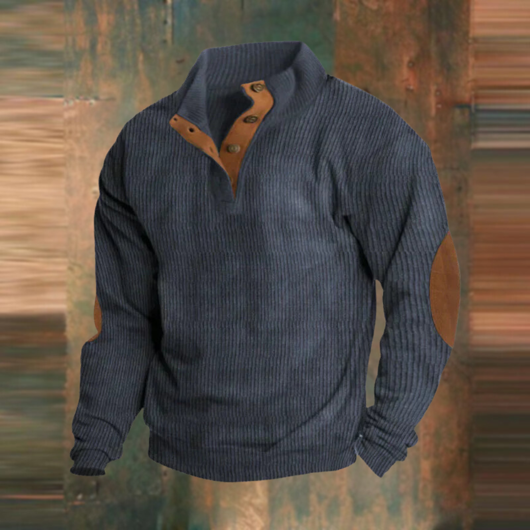 Winterpullover - Warmer Herren Pullover mit Knopfleiste und Ellbogenaufnähern-Marineblau-S-Chaps Herrenmode