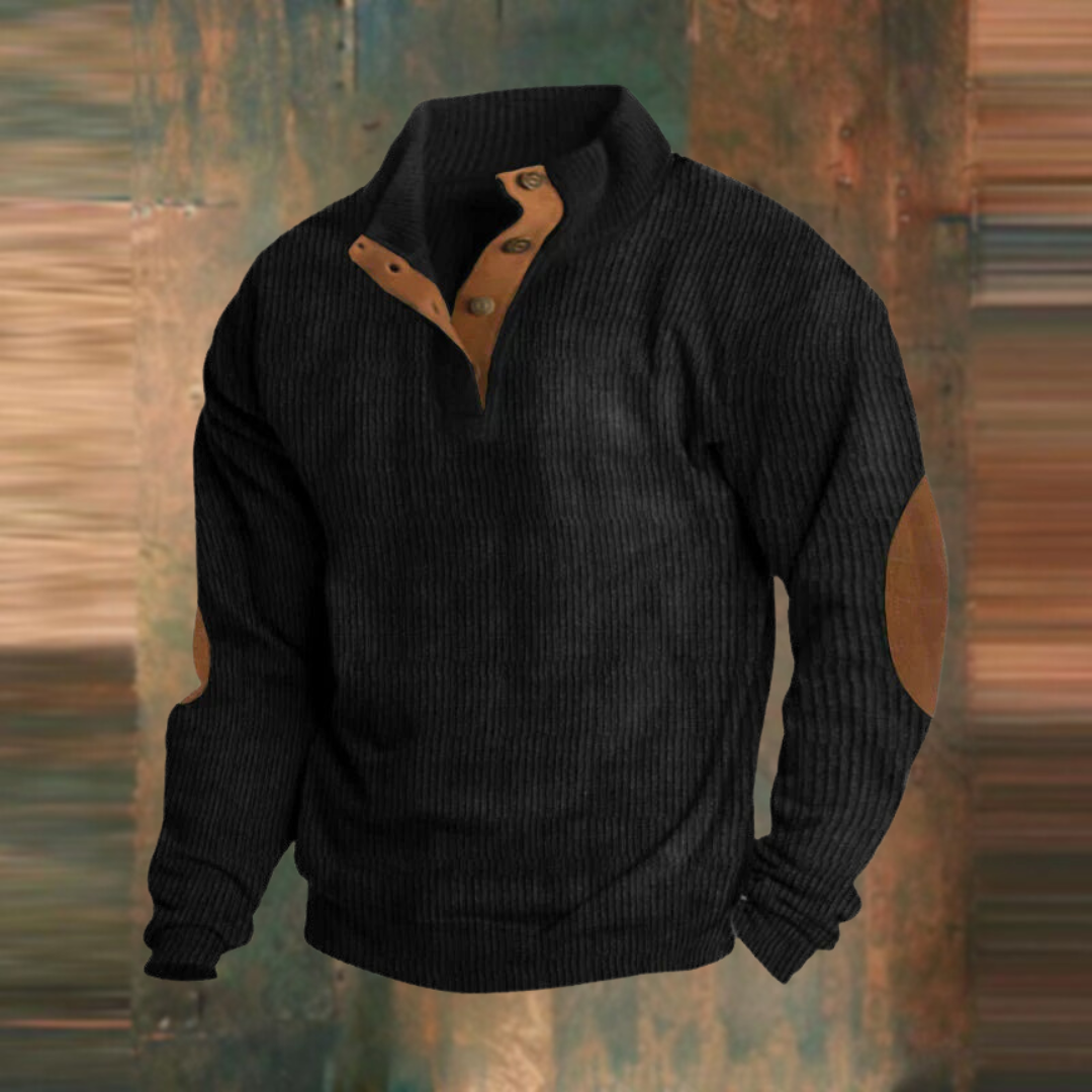 Winterpullover - Warmer Herren Pullover mit Knopfleiste und Ellbogenaufnähern-Schwarz-S-Chaps Herrenmode