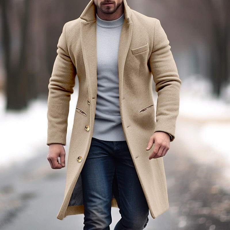 Woll-Trenchcoat – Einreihiger Winter-Trenchcoat für Herren-Khaki-M-Chaps Herrenmode