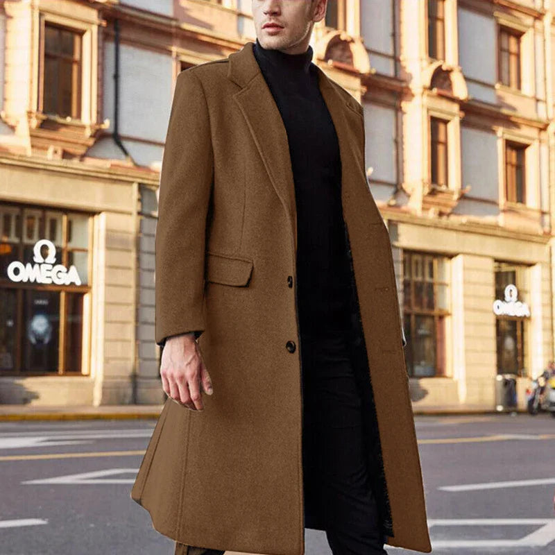 Wollmantel - Klassischer langer einreihiger Wintermantel für Männer-Braun-S-Chaps Herrenmode