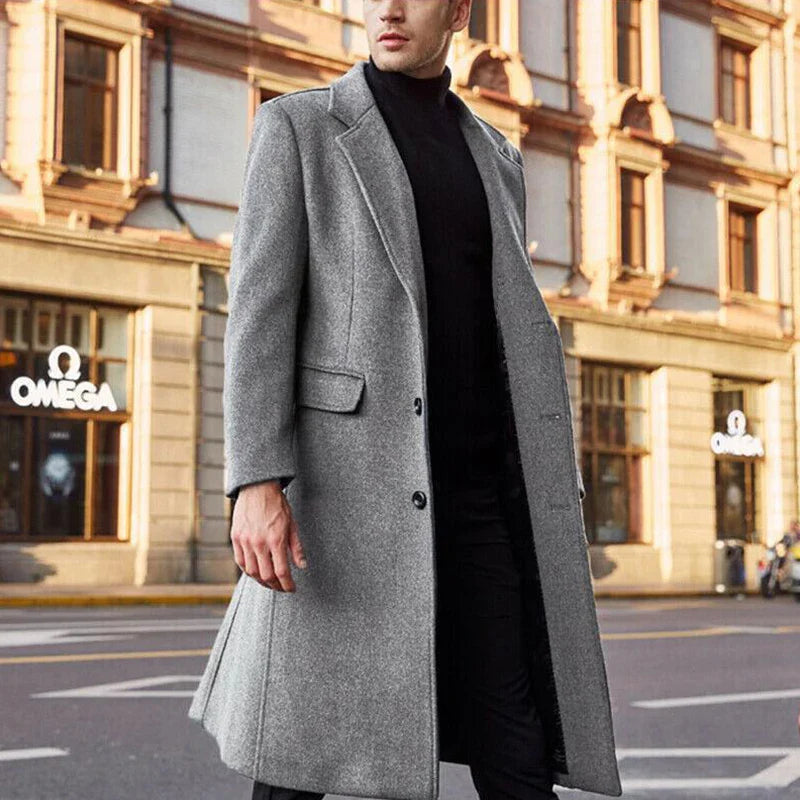 Wollmantel - Klassischer langer einreihiger Wintermantel für Männer-Grau-S-Chaps Herrenmode