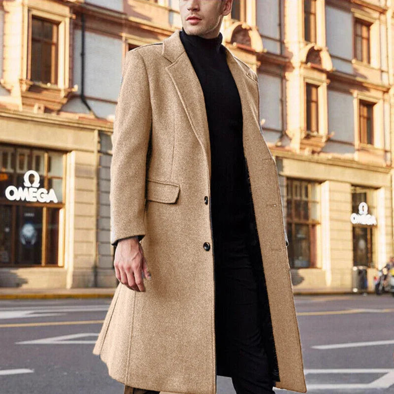 Wollmantel - Klassischer langer einreihiger Wintermantel für Männer-Khaki-S-Chaps Herrenmode