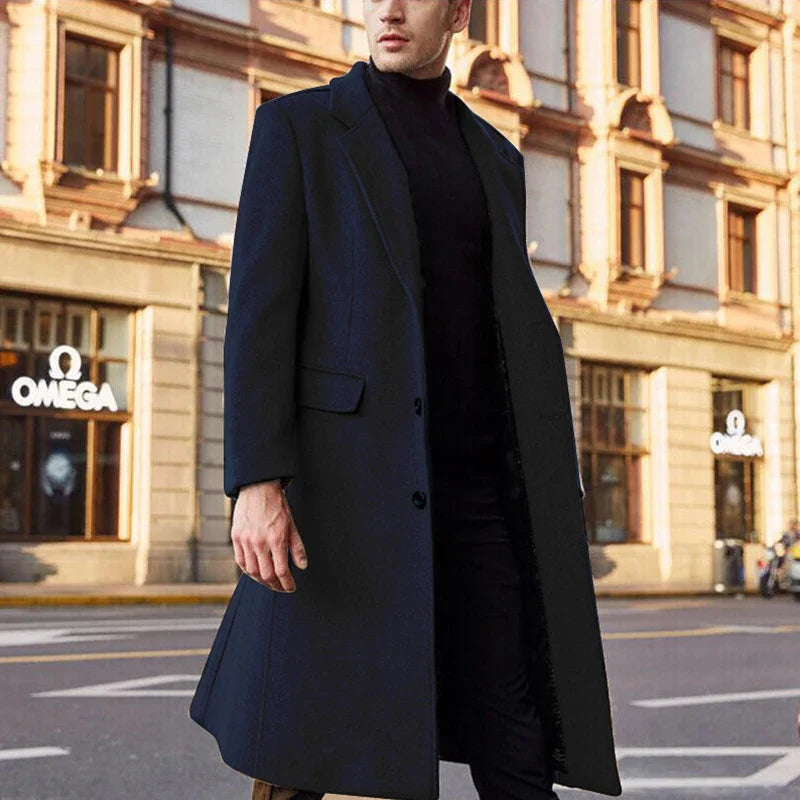 Wollmantel - Klassischer langer einreihiger Wintermantel für Männer-Marineblau-S-Chaps Herrenmode