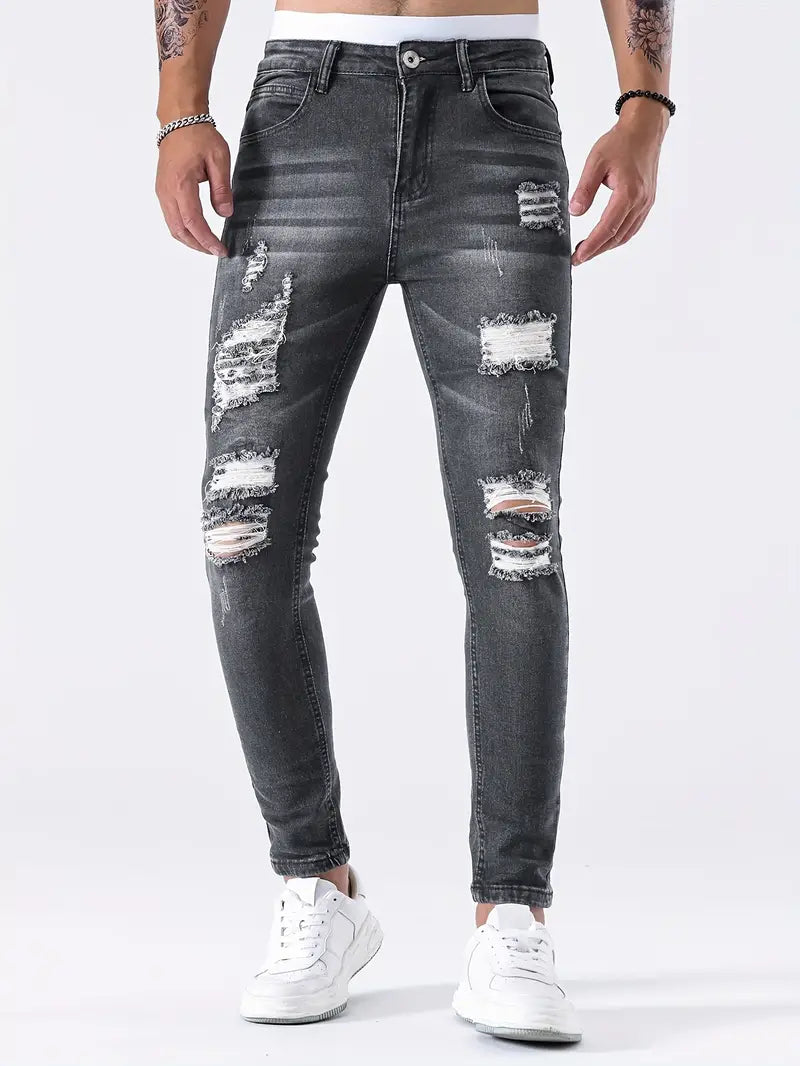 Zayden Zerrissene Jeans | Trendige Slim Fit Jeans für Männer-Grau-S-Chaps Herrenmode