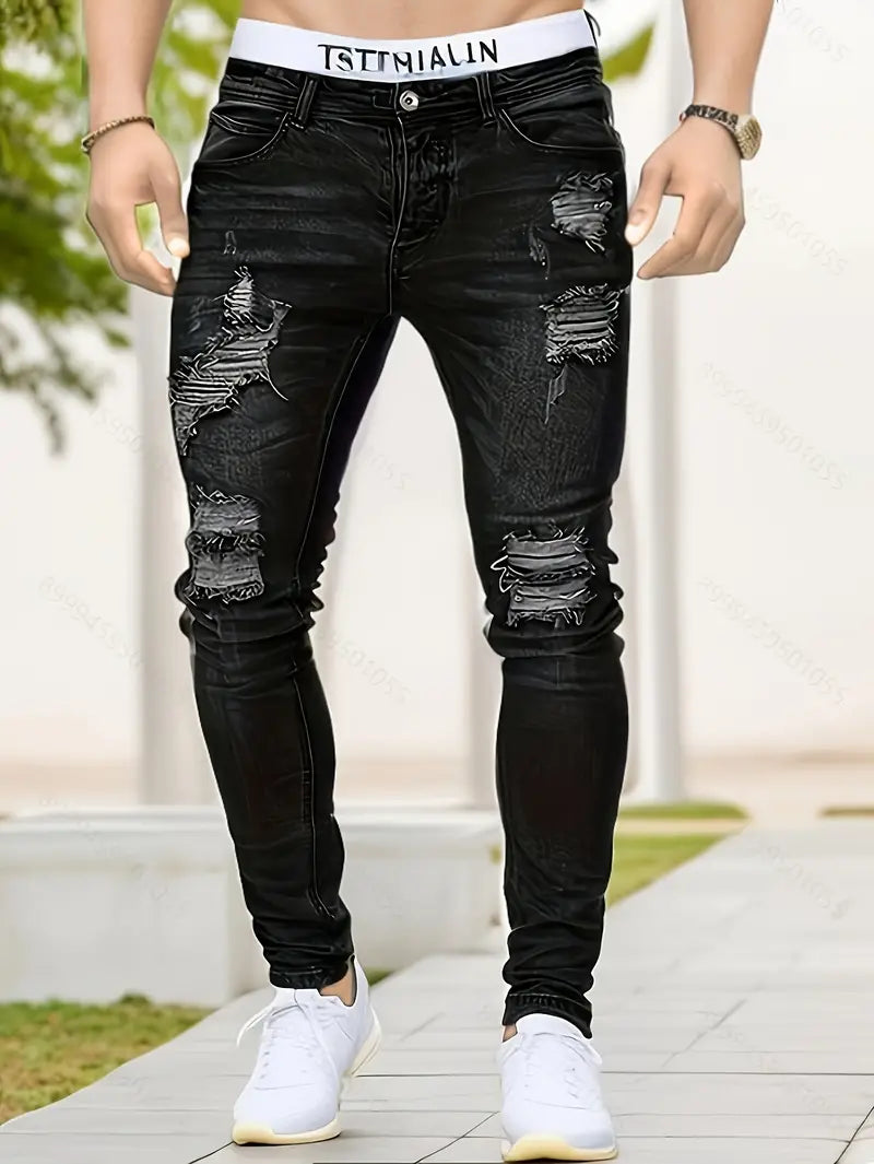 Zayden Zerrissene Jeans | Trendige Slim Fit Jeans für Männer-Schwarz-S-Chaps Herrenmode