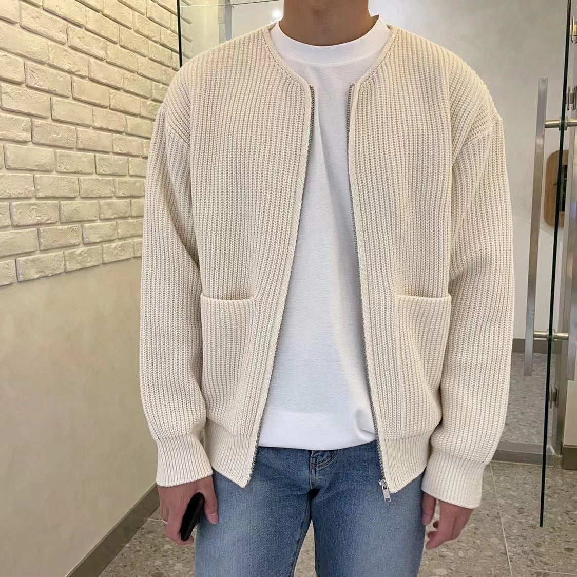 Zip Cardigan - Chunky - Rippenstrick - Strickjacke - Herren Strickjacke-Off-Weiß-XS-Chaps Herrenmode