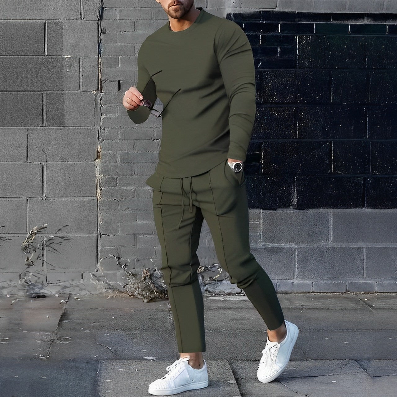 Zweiteiliges Set - Herren Casual Langarm Hose mit Kordelzug Passendes Set-Armegron-S-Chaps Herrenmode
