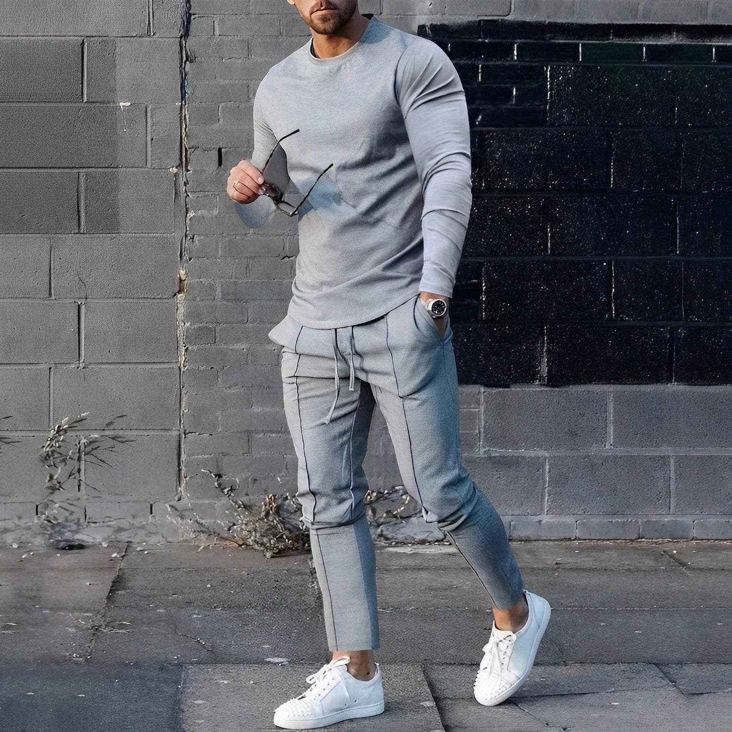 Zweiteiliges Set - Herren Casual Langarm Hose mit Kordelzug Passendes Set-Grau-S-Chaps Herrenmode