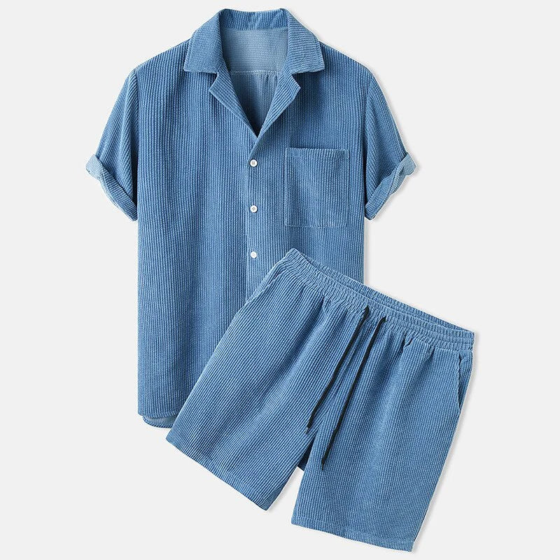 Zweiteiliges Set | Kurze Ärmel | Cord | Sommerkleidung | Herrenbekleidung-Hellblau-XS-Chaps Herrenmode