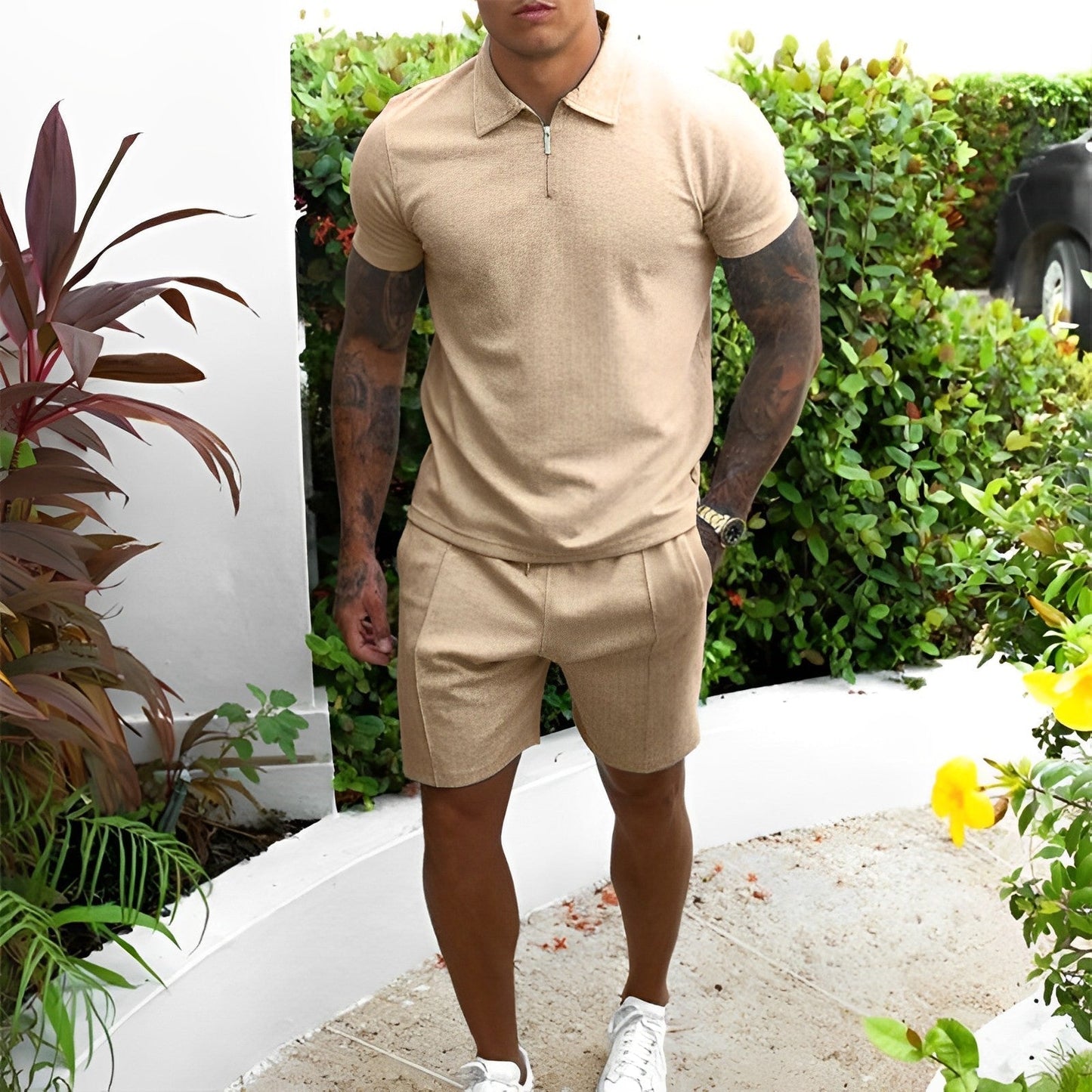 Zweiteiliges Set – T-Shirt und Shorts für Männer, perfekt für den Sommer-Khaki-S-Chaps Herrenmode