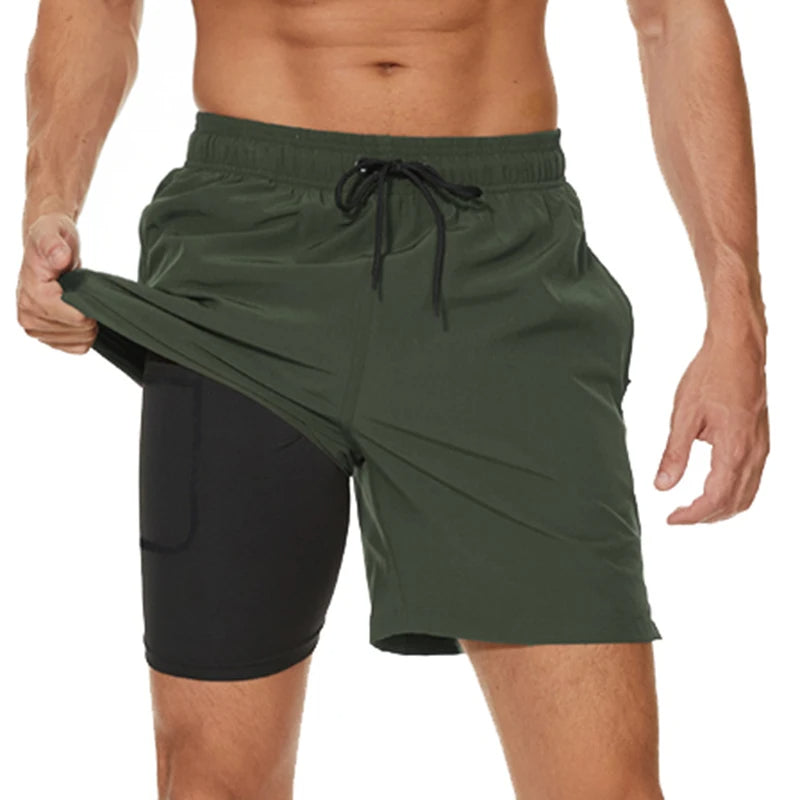 2-in-1-Shorts – zweilagige Herren-Badeshorts mit Kordelzug-Armeegrün-M-Chaps Herrenmode