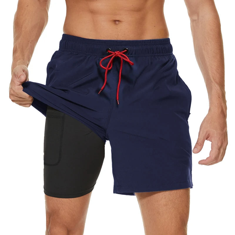 2-in-1-Shorts – zweilagige Herren-Badeshorts mit Kordelzug-Dunkelblau-M-Chaps Herrenmode