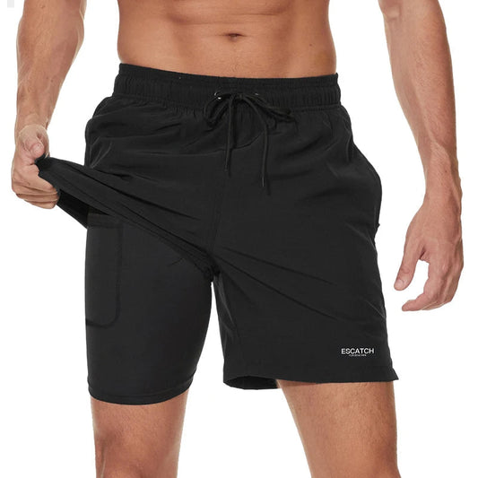 2-in-1-Shorts – zweilagige Herren-Badeshorts mit Kordelzug-Schwarz-M-Chaps Herrenmode